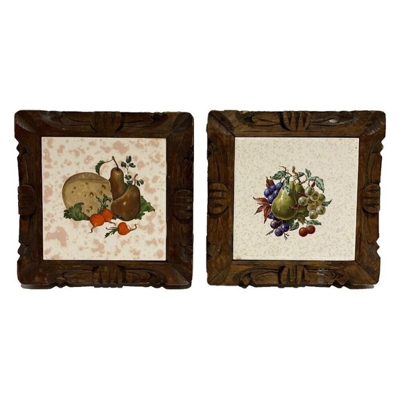 Vintage Dal-Tile Mexico Trivets Set of 2 Hand Carved Wood Frames Kitchen Fruit - Picture 1 of 10